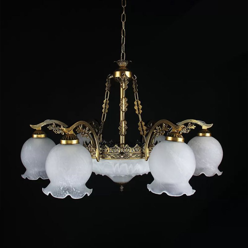 9 Lights Half-Bloom Ceiling Chandelier Rustic Brass White Glass Hanging Pendant Light