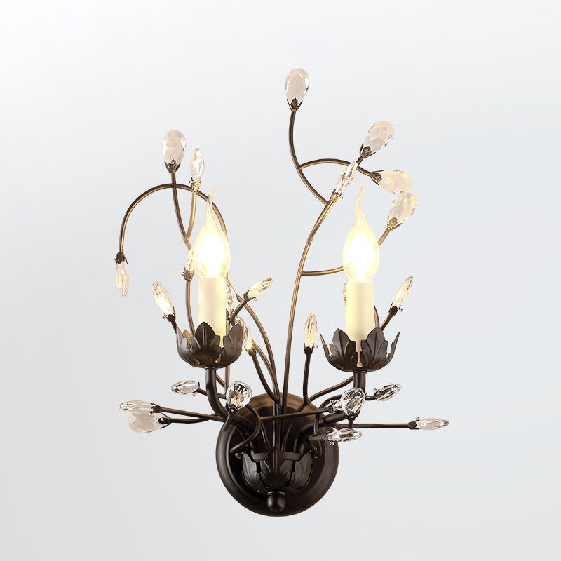 Crystal Candle Shape Wall Sconce Modern Style 2 Lights Wall Light Fixture in Black