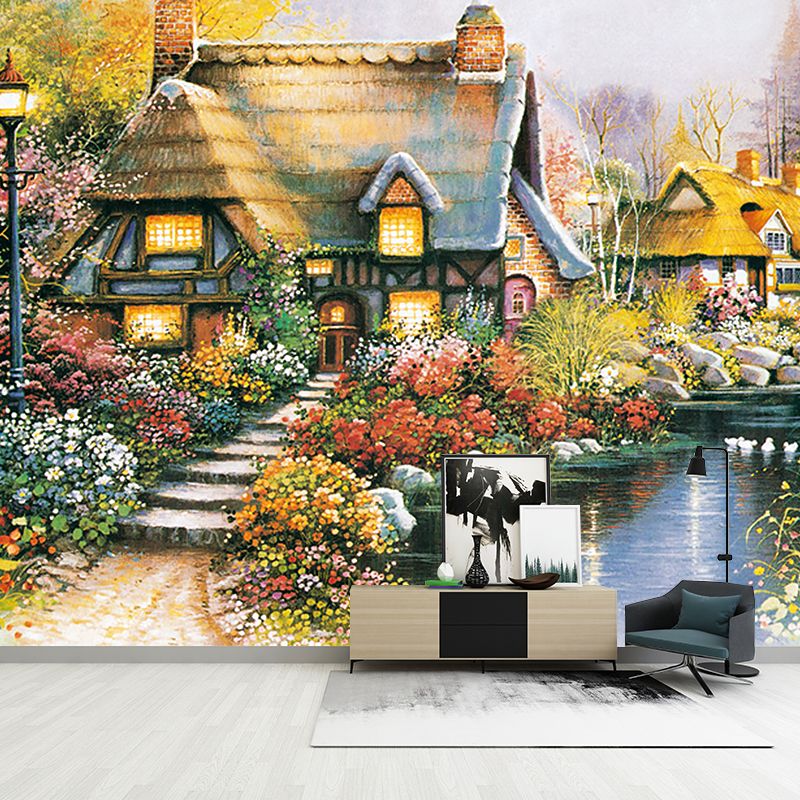 Cottage in Flower Field Mural Decal Brown-Green-Yellow Countryside Wall Art for Bedroom