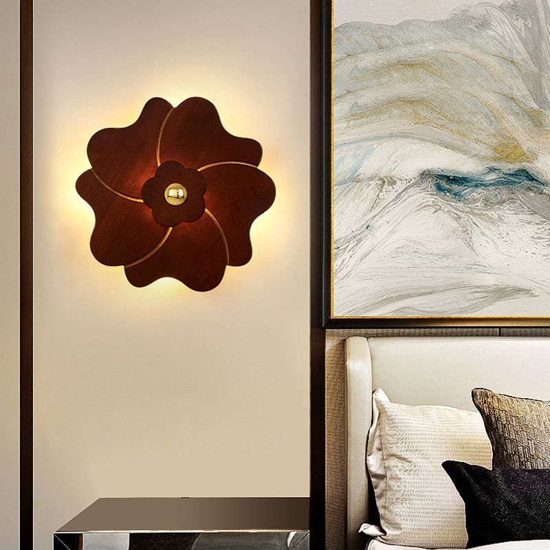 Flower Shape Wooden Sconce Light Chinese Style Wall Lighting Ideas for Bedroom Tearoom