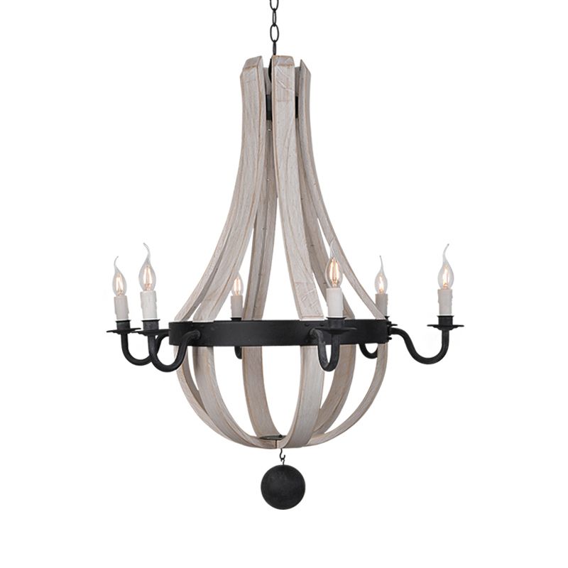 6 Lights Empire Shape Chandelier Lamp Traditional Blue/White Wood Hanging Light Fixture