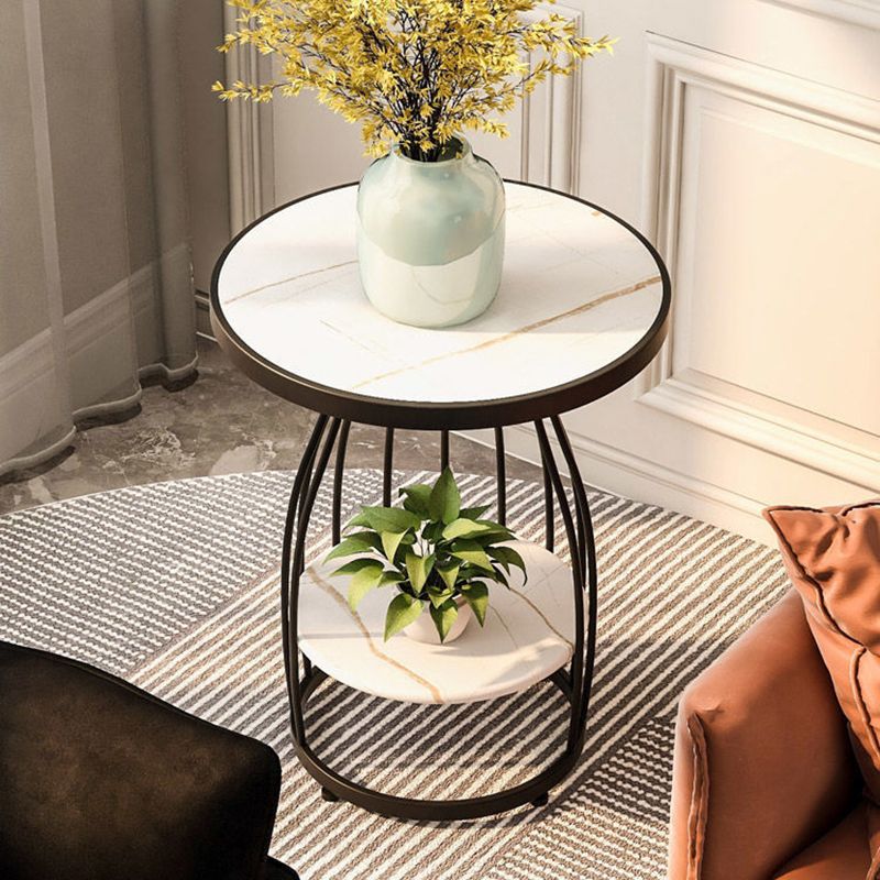 Modern Round Stone Side Table 24.8" H Frame Side Table with Shelf