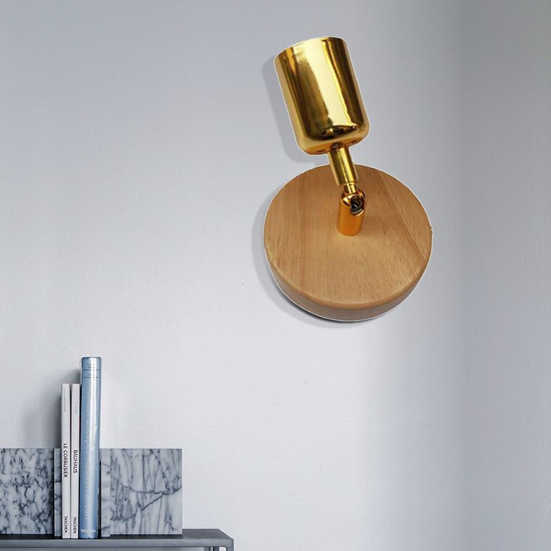 Tasse geformte Metallwand Lampe Lodge 1 Leichte Wohnzimmerwandhalterung mit kreisförmiger Holzrückenplatte in Silber/Gold