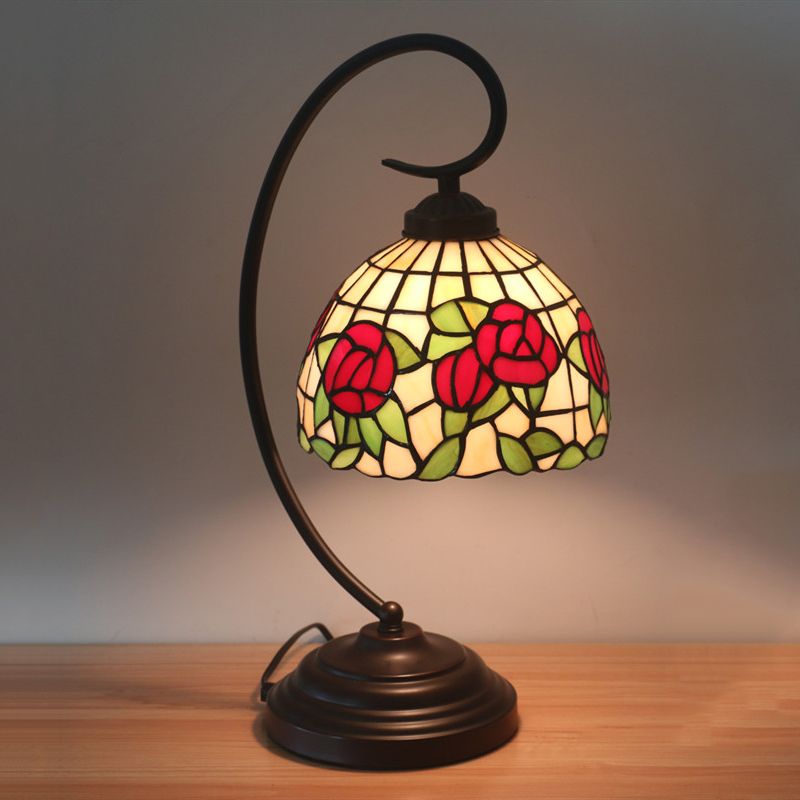 1-Bulb Domed Table Lighting Baroque Red/Pink/Brown Cut Glass Rose/Tulip Patterned Nightstand Lamp with Curvy Arm