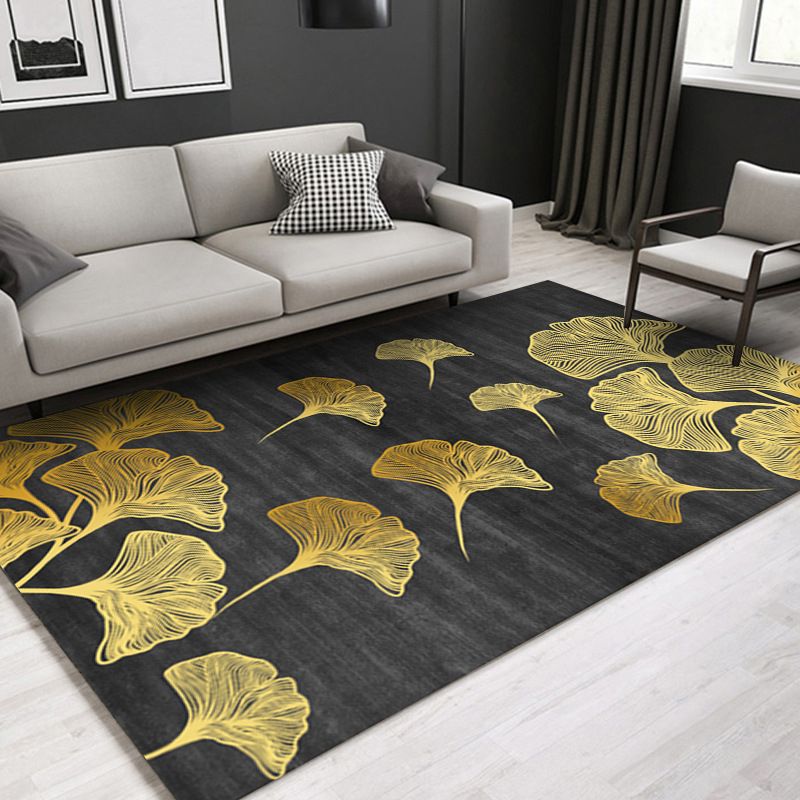 Dark Color Shabby Chic Indoor Rug Polyester Ginkgo Biloba Print Rug Non-Slip Backing Indoor Rug for Living Room