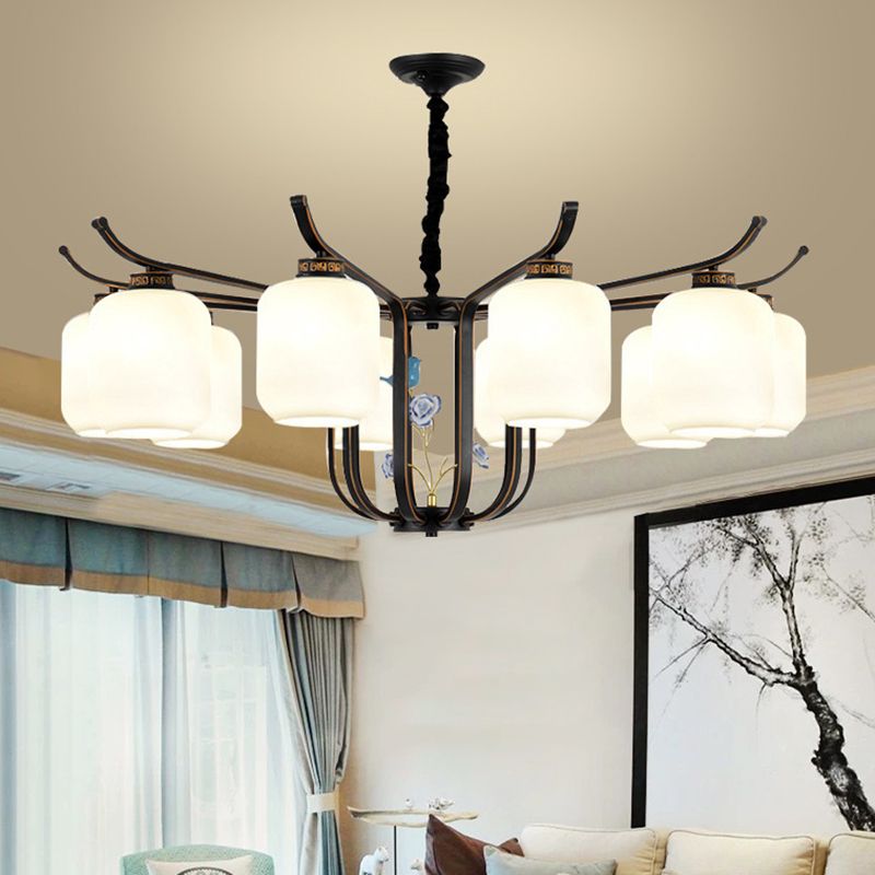 Cylinder Chandelier Pendant Light Contemporary Style Milk Glass Hanging Light Fixtures for Living Room