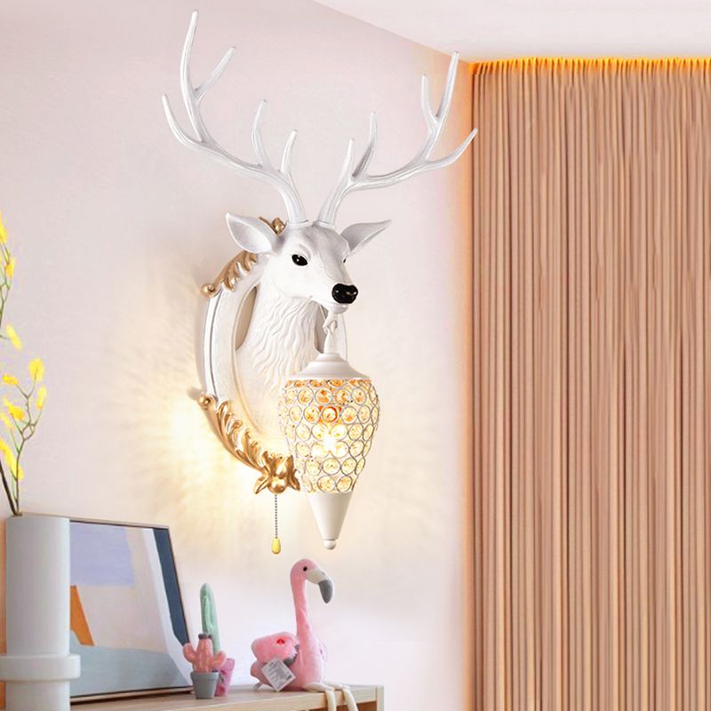 16"/18.5" W Rustic Droplet Sconce Lamp 1 Bulb Crystal Wall Mounted Light in Silver/White/Wood with Deer Resin Backplate