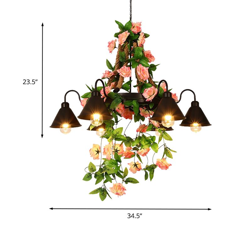 Metalen kegel kroonluchter lamp Industrial 6/8 Lights Restaurant LED plafond hanger in zwart met bloemendecoratie