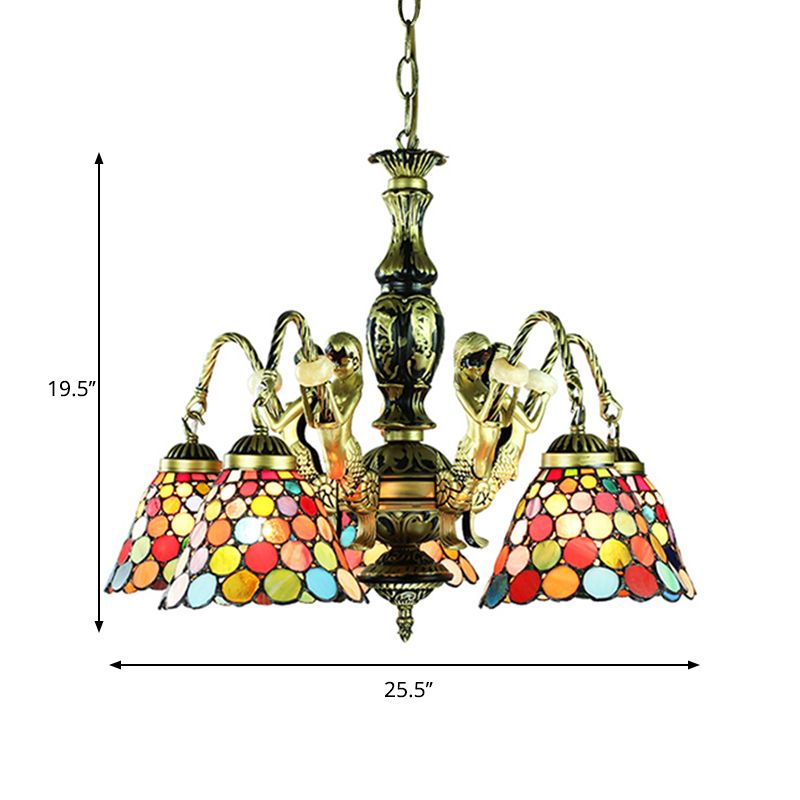 5 Lights Ceiling Light Tiffany Style Bell Shade Stained Glass Hanging Chandelier in Antique Bronze for Bedroom