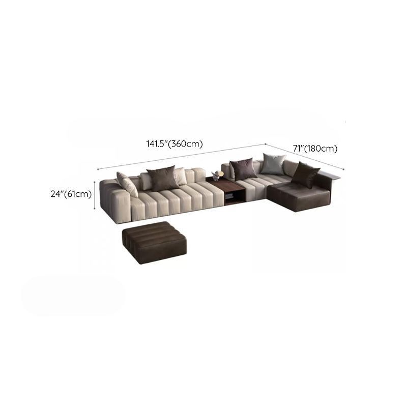 Genuine Leather Sofa with Pillows 24" H Square Arm Sofa in Beige and Brown