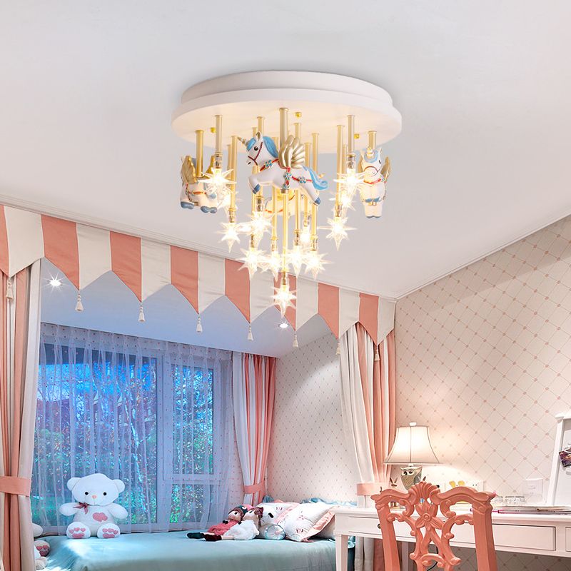 Resin Horse/Bird/Crane Ceiling Light Fixture Kids 13/16 Lights Blue/Pink Flush Mount Lighting with Clear Glass Shade