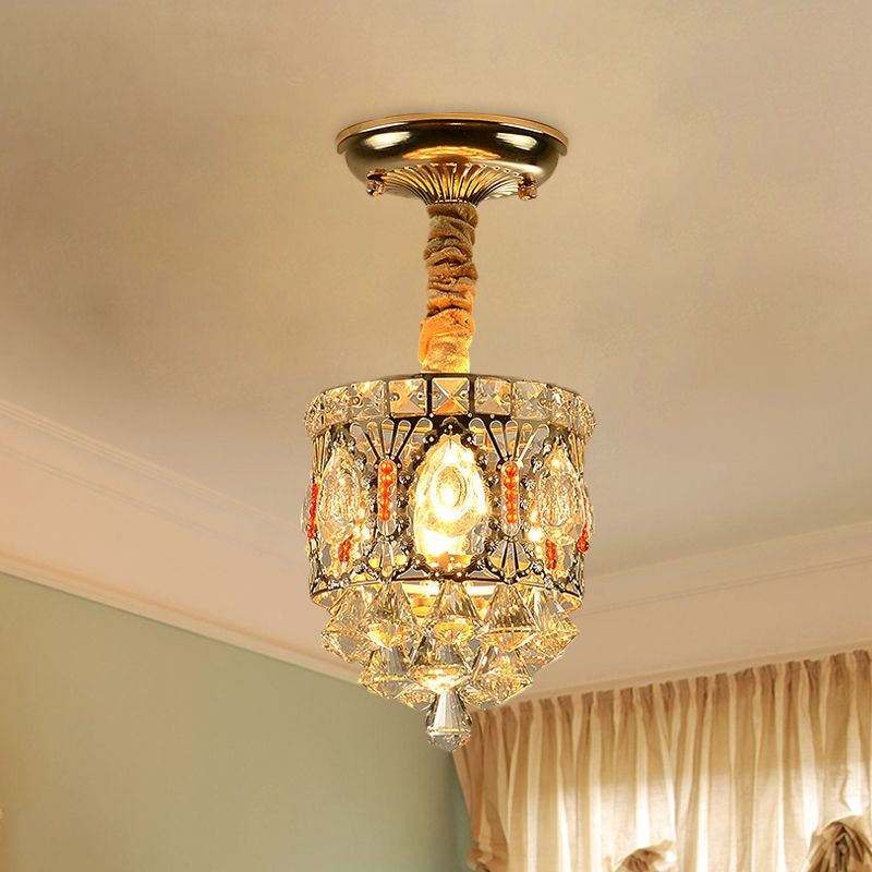 Crystal Encrusted Cylinder Ceiling Light Antique Style 1 Head Hallway Semi Flush Mount in Gold with Diamond Drops