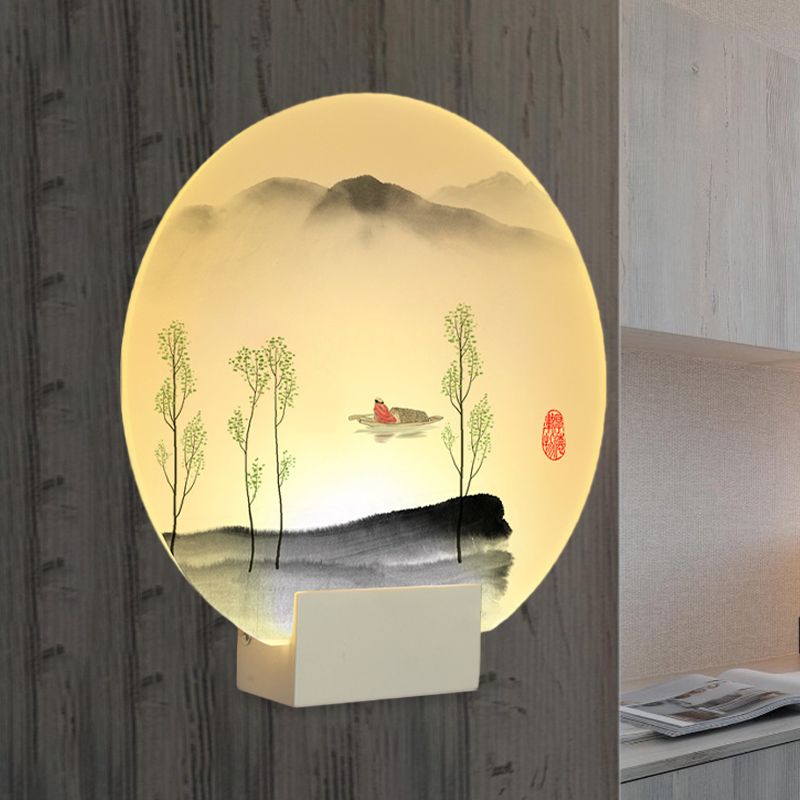 Circular Acrylic Mountain and Boat Mural Lamp Oriental Style LED White Wall Lighting Idea