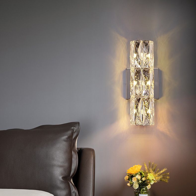 Postmodern Crystal Wall Light Cylinder Multi Light Wall Sconce in Chrome for Bedroom
