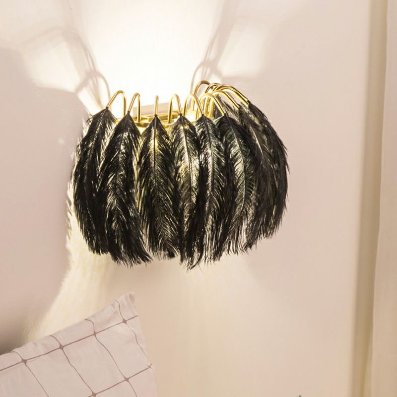 Gold Curved Sconce Lighting Simplicity Single-Bulb Feather Wall Light Fixture for Bedside
