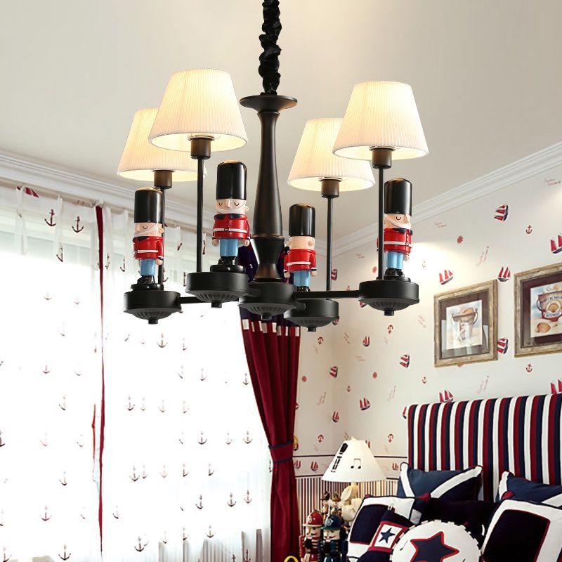 Conical Hanging Lamp Kids Gathered Fabric Bedroom Chandelier Light with British Soldier Deco in Black