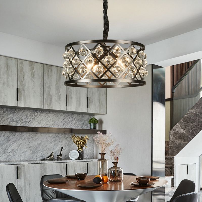 Drum Living Room Suspended Lighting Fixture Crystal Encrusted Modern Ceiling Suspension Lamp in Black