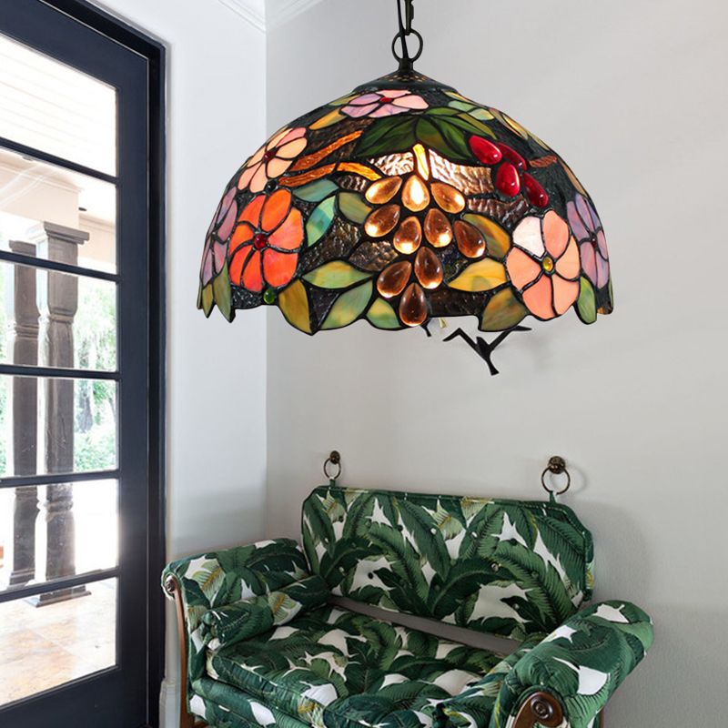 Flower Ceiling Lamp Victorian 1 Bulb Black Handcrafted Art Glass Hanging Pendant Light, 12"/16" Wide
