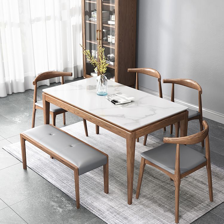 Mesa de comedor rectangular moderna de mediados de siglo, mesa de piedra sinterizada con base de madera de 4 patas
