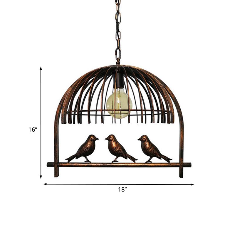Single Head Ceiling Light Countryside Cage Style Metallic Hanging Lamp Kit with Bird Decoration in Bronze
