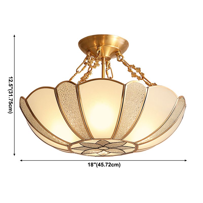 Inverted Bedroom Semi Flush Mount Light Vintage Glass Brass Ceiling Lighting