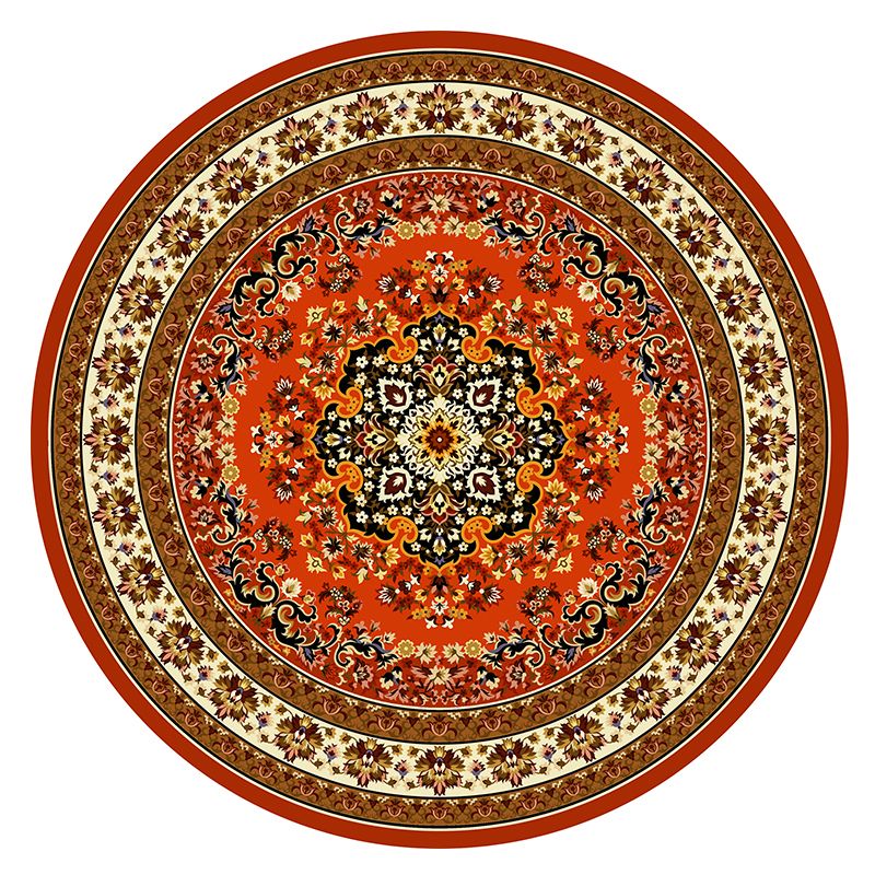 Round Yellow Tone Traditional Indoor Rug Polyester Floral Print Rug Non-Slip Backing Indoor Rug for Living Room