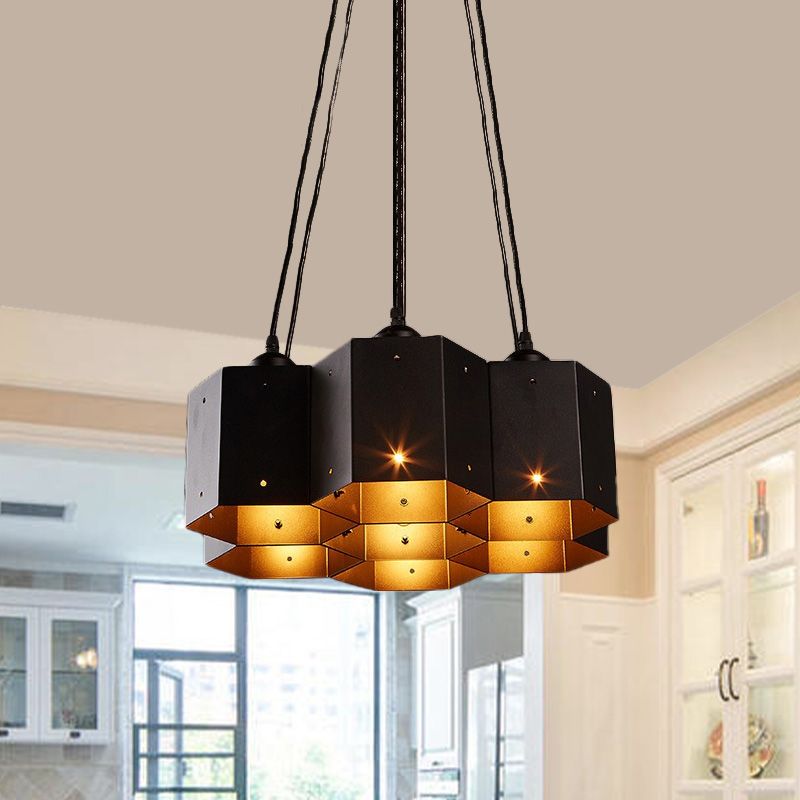 Hexagon Restaurant Pendant Chandelier Vintage Metal 7/10/11 Lights Black Down Lighting with Honeycomb Design