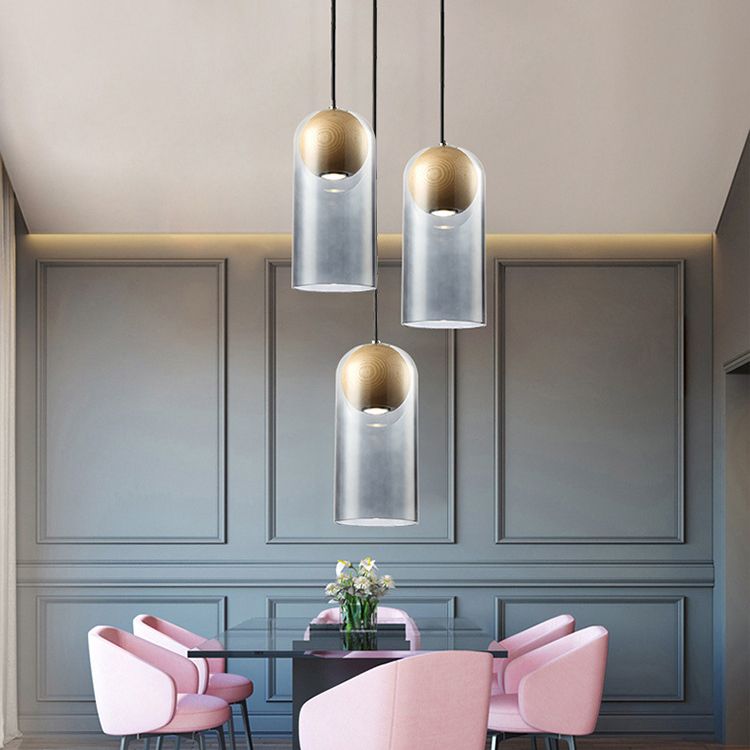 Lámpara de madera de color colgante LED artístico moderno con tono de vidrio gris