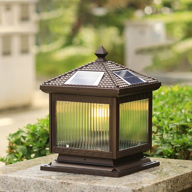 Rectangular Shape Metal Solar Pillar Lamp Modern Style 1 Light Outdoor Lights in Brown