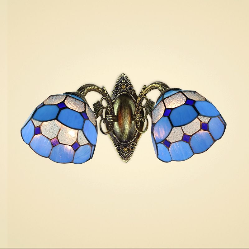 Dome Shade Wall Sconce Industrial Vintage Stained Glass 2 Heads Wall Fixture Light in Blue