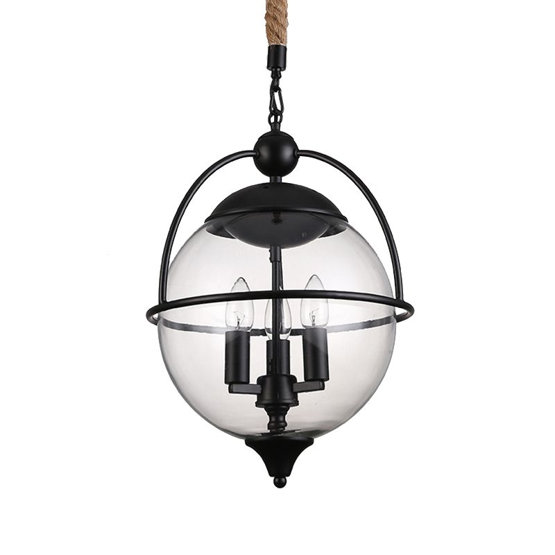 Globe en verre transparent lustre Light traditionnel 3 éclairage pendentif de salon léger en noir