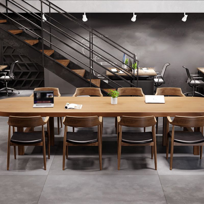 Pine Wood Top Dining Table Modern Oval Table with Double Pedestal Base