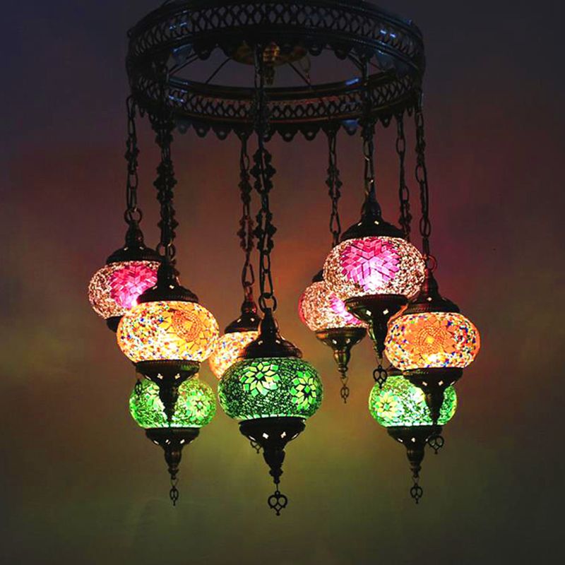 10-Light Oval Chandelier Lamp Bohemia Style Red/Yellow/Orange Stained Glass Down Lighting with Round Design