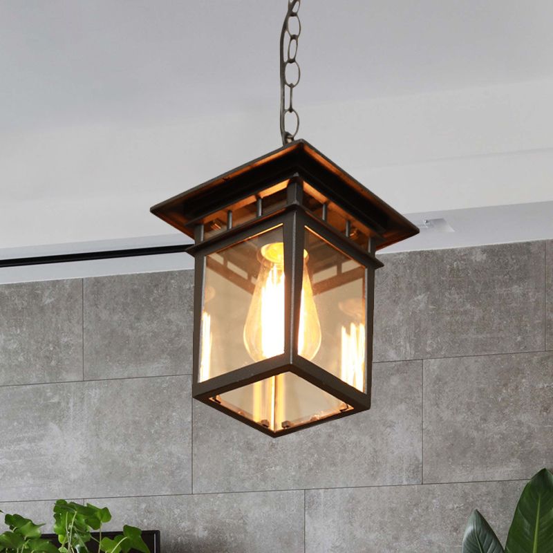 1 Head Lantern Pendant Light Farmhouse Brass/Black Finish Clear Glass Ceiling Hang Fixture for Passage