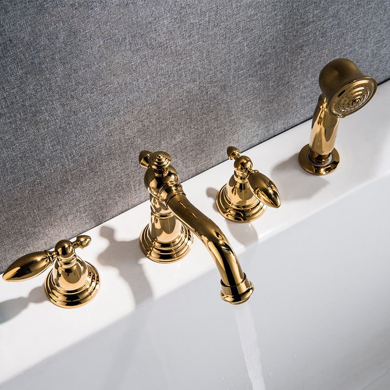 Gold and Chrome Roman Tub Filler Two Handle Deck-Mount Tub Faucet with Handshower