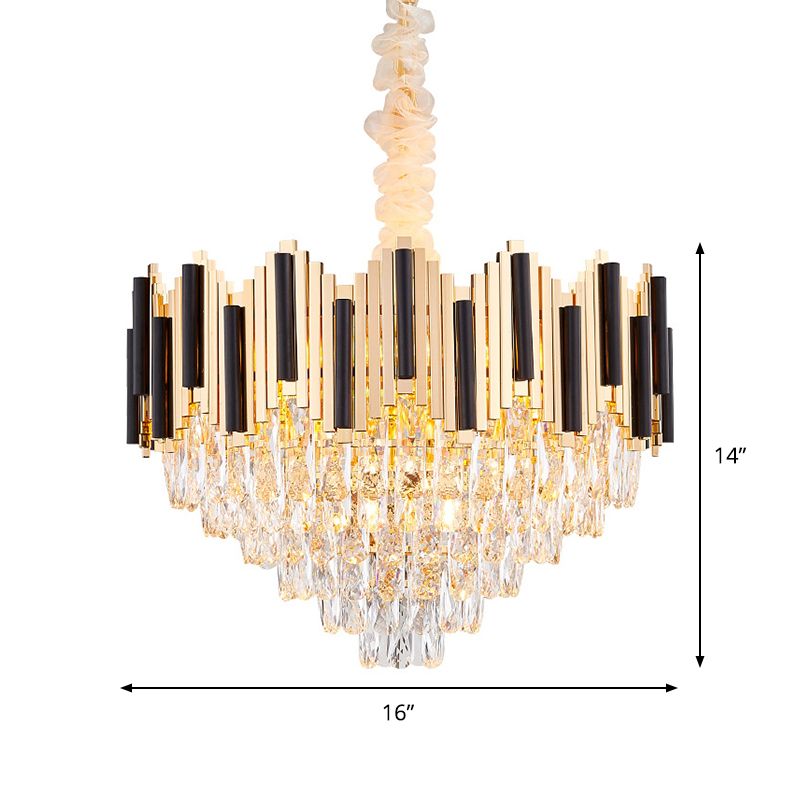 6-Light Crystal Prism Chandelier Modern Black-Gold Cone Living Room Ceiling Pendant Lamp
