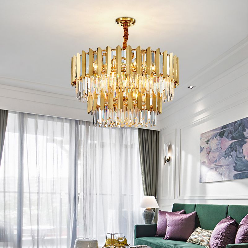 Modern Style Round Pendant Light Fixture Crystal Living Room Chandelier in Gold