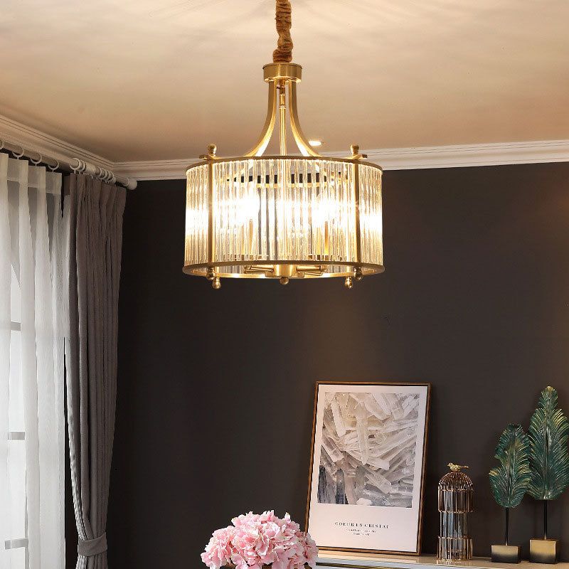 Drum Shaped Dining Room Chandelier Traditional Clear Glass Rod 4-Light Gold Ceiling Pendant