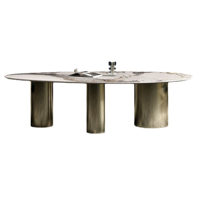 Oval Sintered Stone Dining Table Luxury Table in White with Metal 3 Legs