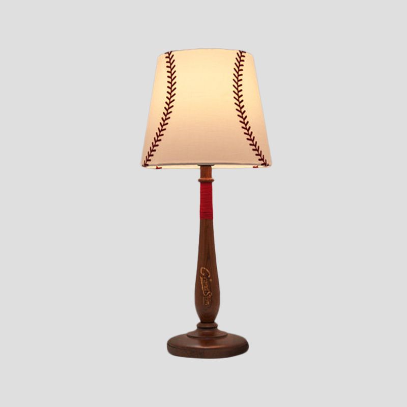 Conical Fabric Table Light Modernism 1-Light Brown/Wood Nightstand Lamp with Baseball Design