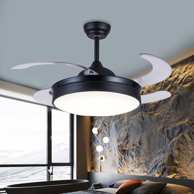 Acrylcirkel hanger ventilator licht eigentijdse led 42 "w slaapkamer 4 heldere messen semi -spoelmontage verlichting in zwart, op afstand/muurbediening/afstandsbediening en muurregeling
