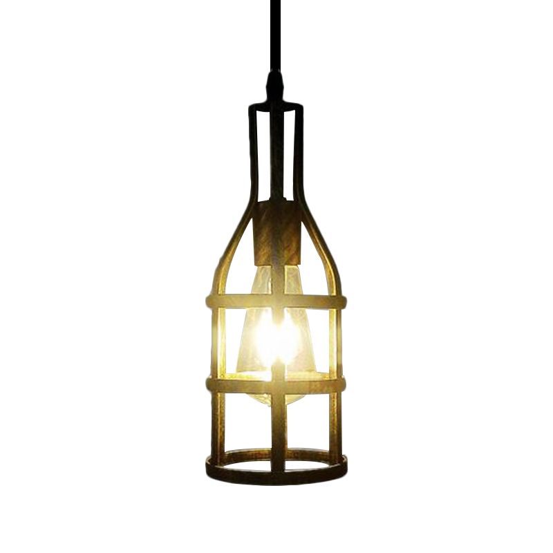 Drahtkäfig -Metallhänge hängendes Industrial 1 Lampenküche Hanges Anhänger Licht mit Weinflaschendesign in Schwarz/antikes Messing
