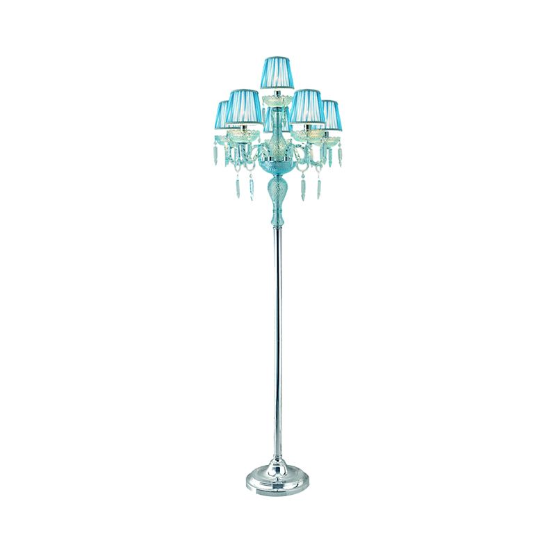 Azul 5/6/7 bombas Ligera de lámpara de lectura de candelabra de cristal tradicional con sombra plisada de barril