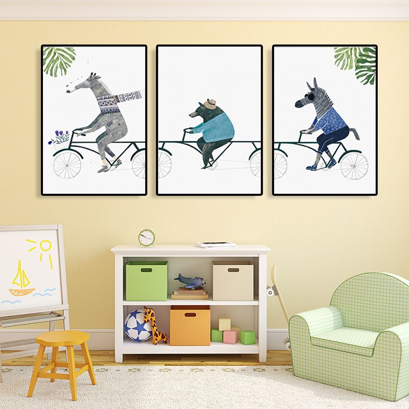 Animals Riding Bicycle Canvas Textured Cartoon Childrens Room Wall Art, Multi-Piece