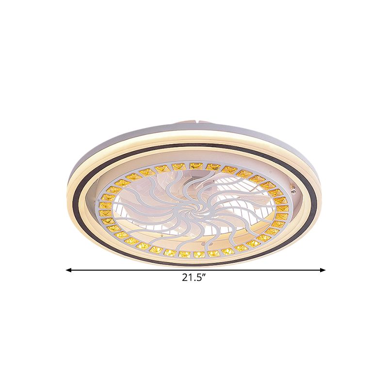 21.5' W LED Crystal Blocks Hanging Fan Lamp Contemporary White Round Dinning Room Semi Flush Light with 7 Blades