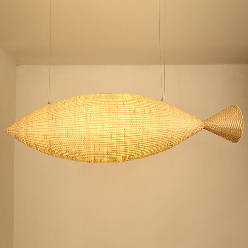 Asia Fish Shaped Hanging Light Bamboo Dining Room Suspension Pendant Light in Beige