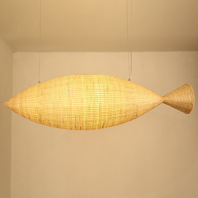 Asia Fish Shaped Hanging Light Bamboo Dining Room Suspension Pendant Light in Beige