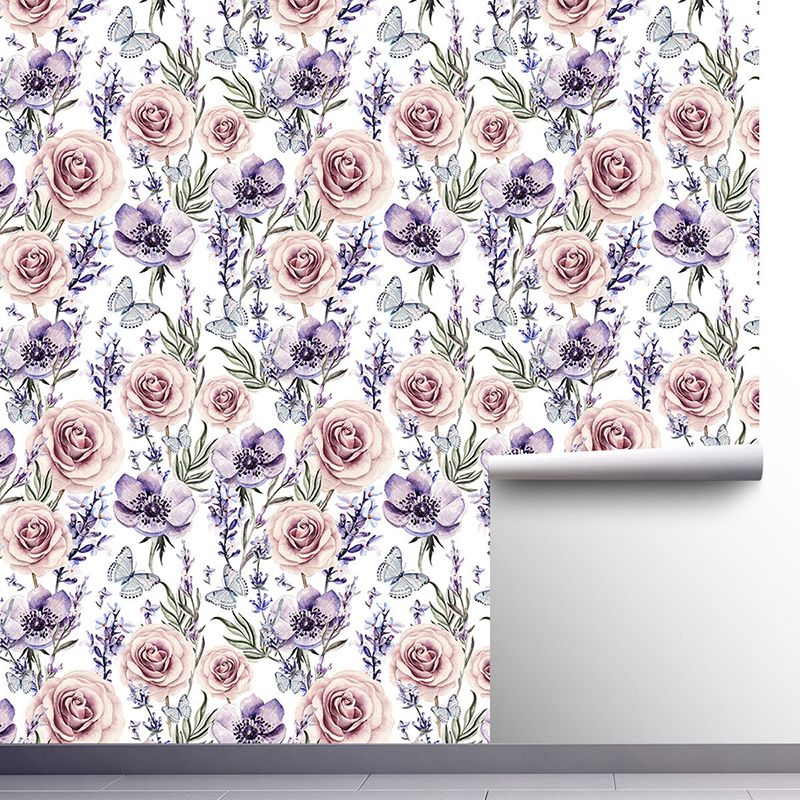 Tapete im Illustrationsstil, blühende Rose, Wandverkleidung für Gästezimmer, in sanften Farben, selbstklebend