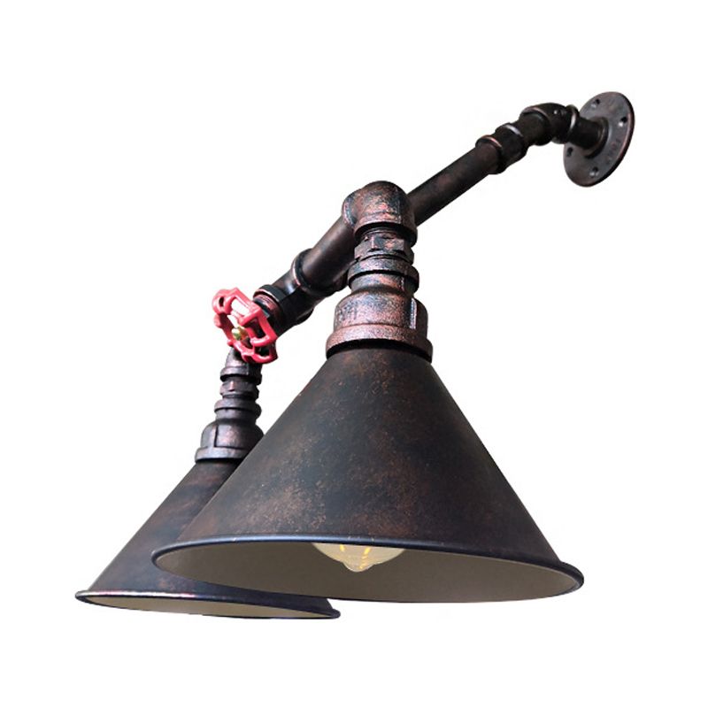 Flared Metallic Wall Mount Lighting Antiqued 2 Bulbs Living Room Sconce in Black with Red Valve Deco