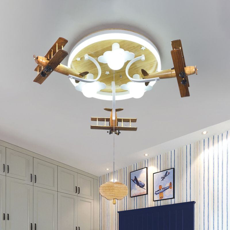 Yellow Cloud and Plane Flushmount Novelty Kids Style 3-Light Wood Ceiling Flush Light with Pulling Chain
